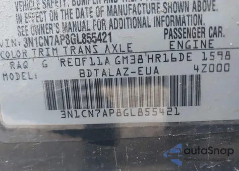 2016 Nissan Versa 1.6 S+ из США, поврежденный, VIN 3N1CN7AP8GL855421